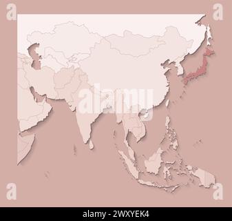 Illustration vectorielle avec des zones asiatiques avec des frontières d'états et pays marqué Japon. Carte politique en couleurs brunes avec des régions. Fond beige Illustration de Vecteur