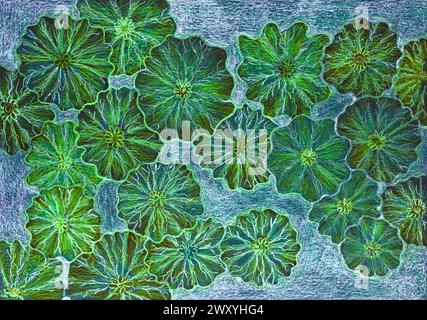 L'agitation des feuilles de lotus. La technique de tamponnage près des bords donne un effet de flou dû à la rugosité de surface modifiée du papier. Banque D'Images