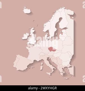 Illustration vectorielle avec la terre européenne avec les frontières des états et marqué pays République tchèque. Carte politique en couleurs brunes avec ouest, sud et Illustration de Vecteur