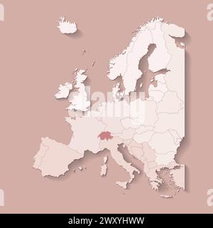 Illustration vectorielle avec la terre européenne avec les frontières des états et pays marqué Suisse. Carte politique en couleurs brunes avec ouest, sud et et et Illustration de Vecteur
