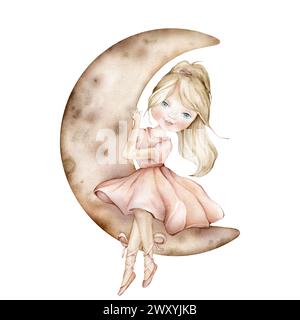 Blonde jeune fille ballerine dans une robe rose et chaussons se trouve sur la lune. Illustration dessinée à la main en couleur claire isolée sur fond blanc. Rêveur Banque D'Images