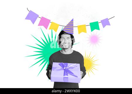 Créatif collage d'image jeune homme souriant joyeux fête de célébration d'anniversaire décoration colorée recevez cadeau surprise félicitations Banque D'Images