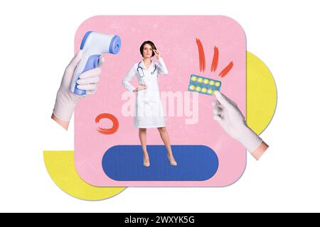 Collage photo composite de Serious Girl Doctor Robe Hand Hand Hand Hand Hand Pills vaccination Thermeter isolation covid isolé sur fond peint Banque D'Images