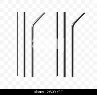 Jeu de pailles métalliques réutilisables pour boire. Illustration vectorielle réaliste isolée sur fond transparent. Illustration de Vecteur