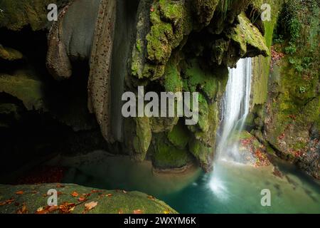 Une cascade sereine tombe en cascade dans une piscine cristalline dans la luxuriante forêt de hêtres d'Urbasa, près de la rivière Urederra en Navarre, en Espagne Banque D'Images