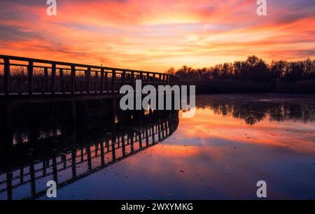 Un coucher de soleil pittoresque jette des teintes vibrantes sur une promenade paisible à côté d'un lac tranquille, reflétant les couleurs chaudes du ciel à la surface de l'eau, Banque D'Images