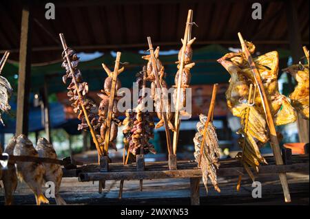 Viandes et poissons grillés sur brochettes cuisinés dans un marché en plein air, mettant en vedette la cuisine de rue locale Banque D'Images