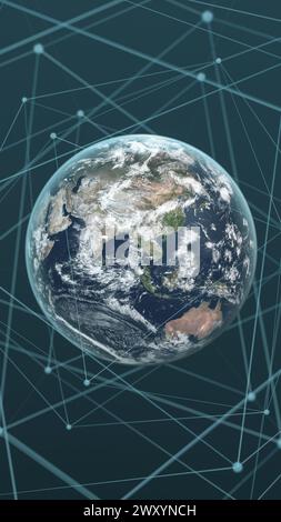 Cette image montre une vue complète de la Terre enfermée dans un réseau numérique complexe, représentant la nature interconnectée de la technologie moderne. Banque D'Images