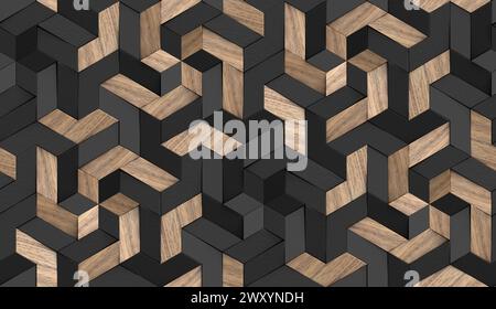 Mosaïque de papier peint 3D de particules de bois massif et d'éléments peints en noir texture réaliste sans couture de haute qualité Banque D'Images
