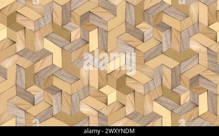 Mosaïque de papier peint 3D de particules de bois massif et d'éléments métalliques dorés de luxe texture réaliste sans couture de haute qualité Banque D'Images