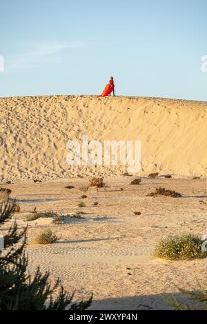 Une femme vêtue d'une robe rouge éclatante surplombe les vastes dunes du désert, avec son regard dirigé loin de la caméra. Banque D'Images