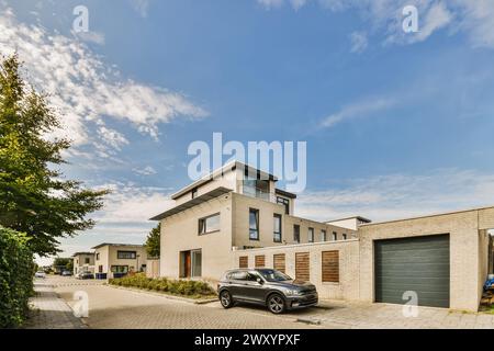 Une maison contemporaine avec un toit plat et une voiture garée dans l'allée, sous un ciel bleu clair avec des nuages. Banque D'Images