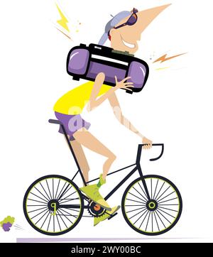Personne de dessin animé avec boitier à vélo. Cyclisme jeune homme écoutant de la musique sur ghetto blaster. Isolé sur fond blanc Illustration de Vecteur