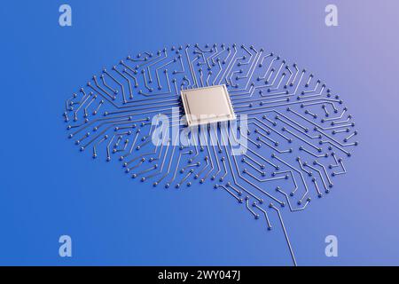 Processeur d'ordinateur CPU avancé de haute technologie se connectant à différentes soudures sur PCB en forme de cerveau humain. Intelligence artificielle et IA générative Banque D'Images