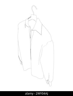 Chemise contour avec col boutonné isolé sur blanc. Contour d'une chemise à manches longues accrochée à un cintre fait de lignes noires isolées sur un b blanc Illustration de Vecteur