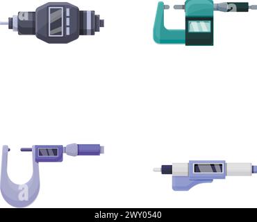 Icônes de micromètre numérique définissent le vecteur de dessin animé. Micromètre numérique de laboratoire. Outil de précision numérique Illustration de Vecteur