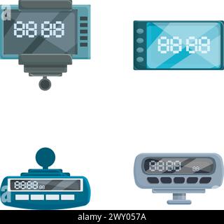 Les icônes de taximètre définissent le vecteur de dessin animé. EQUIPEMENT de calcul de service de taxi. Dispositif électronique Illustration de Vecteur