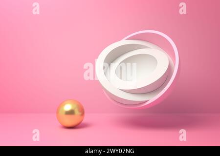 Boule d'or abstraite et formes blanches sur rose Banque D'Images