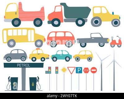 Ensemble de véhicules mignons et de panneaux de signalisation routière Illustration de Vecteur