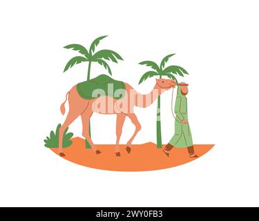 Un homme arabe pèlerin marchant dans le désert avec un chameau à côté des palmiers. Conception d'illustration vectorielle pour le concept d'accueil et d'adoption des animaux Illustration de Vecteur