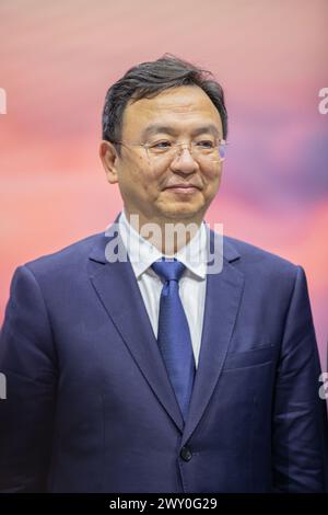 Wang Chuanfu, fondateur et président de BYD, lors de la conférence de presse de BYD Auto Company Limited au salon automobile IAA Mobility le 4 septembre 2023 à Munich, Allemagne. (Photo Alexander Pohl/Sipa USA) Banque D'Images