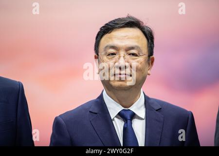Wang Chuanfu, fondateur et président de BYD, lors de la conférence de presse de BYD Auto Company Limited au salon automobile IAA Mobility le 4 septembre 2023 à Munich, Allemagne. (Photo Alexander Pohl/Sipa USA) Banque D'Images
