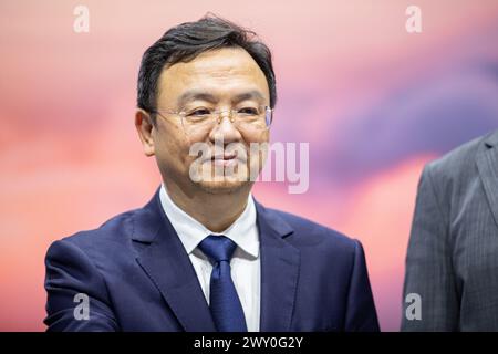 Wang Chuanfu, fondateur et président de BYD, lors de la conférence de presse de BYD Auto Company Limited au salon automobile IAA Mobility le 4 septembre 2023 à Munich, Allemagne. (Photo Alexander Pohl/Sipa USA) Banque D'Images
