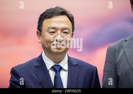 Wang Chuanfu, fondateur et président de BYD, lors de la conférence de presse de BYD Auto Company Limited au salon automobile IAA Mobility le 4 septembre 2023 à Munich, Allemagne. (Photo Alexander Pohl/Sipa USA) Banque D'Images