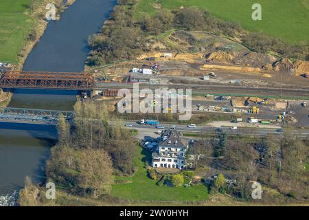 Luftbild, Lippemündungsraum NSG Naturschutzgebiet Lippemündung, Brücke am Lippeschlößchen und Eisenbahnbrücke, Wesel, Nordrhein-Westfalen, Deutschland ACHTUNGxMINDESTHONORARx60xEURO *** vue aérienne, estuaire de la Lippe réserve naturelle NSG estuaire de la Lippe, pont à Lippeschlößchen et pont ferroviaire, Wesel, Rhénanie du Nord-Westphalie, Allemagne ATTENTIONxMINDESTHONORARx60xEURO Banque D'Images