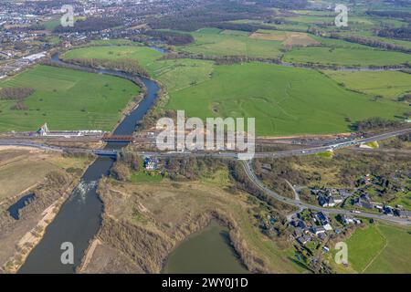 Luftbild, Lippemündungsraum NSG Naturschutzgebiet Lippemündung, Baustelle Südumgehung B58n, Brücke am Lippeschlößchen und Eisenbahnbrücke, Wesel, Nordrhein-Westfalen, Deutschland ACHTUNGxMINDESTHONORARx60xEURO *** vue aérienne, estuaire de la Lippe réserve naturelle NSG estuaire de la Lippe, chantier de contournement sud B58n, pont à Lippeschlößchen et pont ferroviaire, Wesel, Rhénanie du Nord-Westphalie, Allemagne ATTENEUTIONxRHERO Banque D'Images