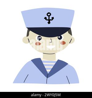 Mignon petit garçon souriant personnage en costume de marins. Illustration vectorielle de portrait de petit garçon capitaine ou marin. Peut être utilisé pour Baby Shower nautica Illustration de Vecteur