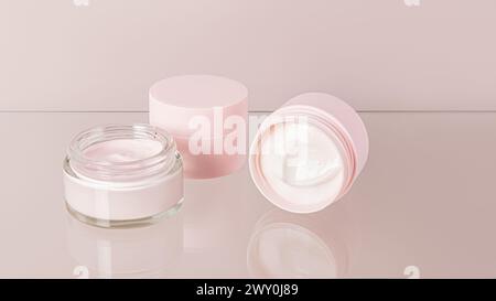 Texture délicate de crème cosmétique blanche et rose pour les soins de la peau du visage et du corps dans deux pots sur fond de verre avec réflexion. mise en page Banque D'Images