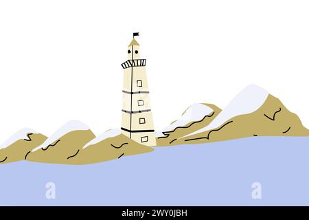 Joli phare près des rochers de montagne sur la côte - illustration de dessin animé de paysage marin. Illustration vectorielle de la belle maison lumineuse et des rochers. Doodle marine Ar Illustration de Vecteur
