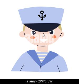 Mignon petit garçon souriant personnage portant un costume de marins. Illustration vectorielle de portrait de petit garçon capitaine ou marin. Peut être utilisé pour la douche de bébé Illustration de Vecteur