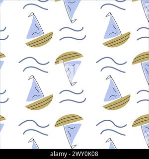 Motif bébé marin mignon avec navire et vague. Imprimé marin vectoriel sans couture pour textile, tissu, pépinière. Illustration vectorielle du bateau et de l'eau. Illustration de Vecteur