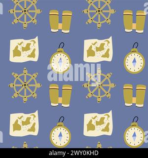 Motif bébé marin mignon avec roue, boussole, carte. Imprimé marin vectoriel sans couture pour textile, tissu, pépinière. Illustration vectorielle d'objets marins sur bleu Illustration de Vecteur