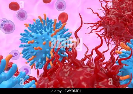 CAR T thérapie de cellules dans la tumeur neuroendocrine (net) - vue rapprochée illustration 3D. Banque D'Images