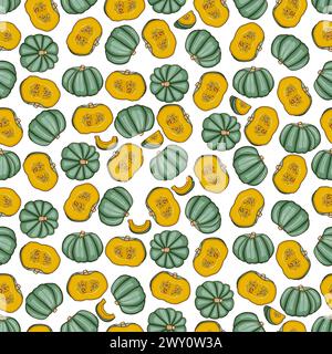 Modèle sans couture avec citrouille bleue. Courge d'hiver. Cucurbita maxima. Légumes. Style dessin animé. Illustration vectorielle isolée. Illustration de Vecteur