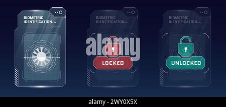 Ensemble de concepts de tableau de bord de reconnaissance biométrique de la rétine HUD. Scanner de vérification oculaire pour utilisateur. Panneau numérique de sécurité d'identité de personne. Identification de la rétine humaine. Conception eps de l'interface d'autorisation Illustration de Vecteur