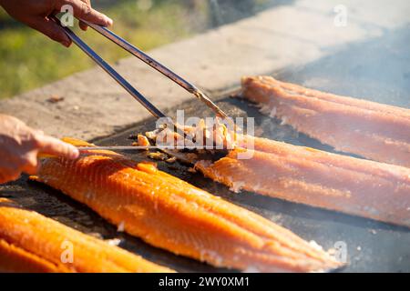 Les filets de saumon sont cuits sur un grill au barbecue dans le parc national de Torres del Paine, dans la province de Última Esperanza, au Chili. Banque D'Images