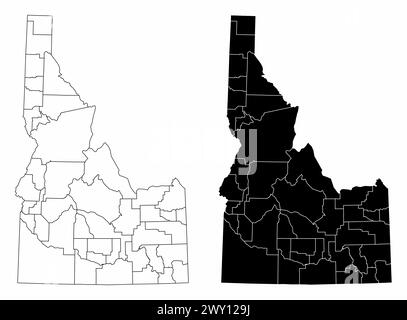 Les cartes administratives en noir et blanc de l'État de l'Idaho, États-Unis Illustration de Vecteur