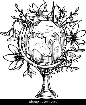 Illustration vectorielle de Globe avec des fleurs. Croquis dessiné à la main du modèle vintage de la terre sur le support en bois. Dessin de carte rétro peint par des encres noires pour la science ou l'éducation. Esquisse linéaire noire. Illustration de Vecteur