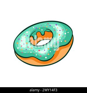 Beignet avec glaçage turquoise et saupoudres dans le dessin animé. Icône de ligne simple pour les applications alimentaires, la boulangerie et le café. Illustration vectorielle isolée sur un blanc Illustration de Vecteur