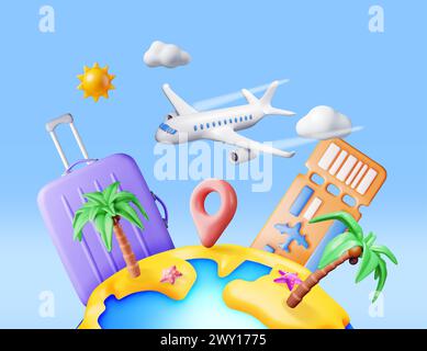 Paysage 3D de Palm sur la plage, sac de billet d'avion Illustration de Vecteur