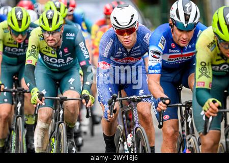 Schoten, Belgique. 03rd Apr, 2024. Le belge Senne Leysen d'Alpecin-Deceuninck photographié en action lors de la course masculine de la 112ème édition de l'épreuve cycliste d'une journée 'Scheldeprijs', 205, à 3 km de Terneuzen, pays-Bas à Schoten, Belgique, le mercredi 03 avril 2024. BELGA PHOTO TOM GOYVAERTS crédit : Belga News Agency/Alamy Live News Banque D'Images