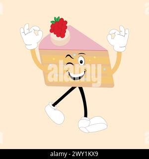 Personnage de mascotte de dessin animé en tranches de gâteau groovy avec le sourire. Tranche de gâteau d'anniversaire rétro drôle dans des baskets, mascotte de confiserie, élément graphique pour le site Web Illustration de Vecteur
