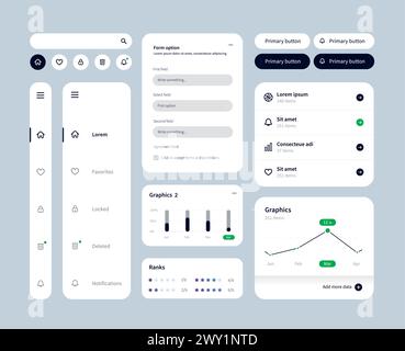 Kit interface utilisateur grand et amélioré pour la conception web, applications mobiles avec les différents boutons, graphiques, diagrammes, menu, recherche. Illustration de Vecteur