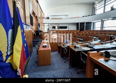 Regional Brussels Parliament vide - Hemicycle | Parlement régional Bruxellois vide - sieges et allées vides - Hemicycle Banque D'Images