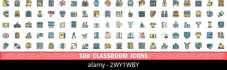 jeu de 100 icônes de salle de classe. Ensemble de lignes de couleur d'icônes vectorielles de classe couleur de ligne mince plat sur blanc Illustration de Vecteur
