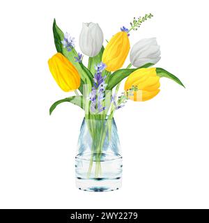 Illustration d'aquarelle dessinée à la main. Bouquet de fleurs avec tulipes blanches et jaunes, lavande et feuilles vertes. Bouquet de Pâques de printemps dans un vase en verre Banque D'Images